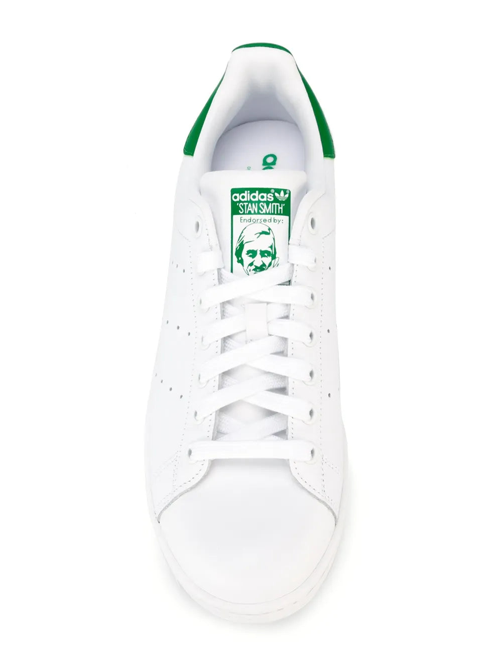 White leather sneaker with green tongue logo patch and lace-up closure