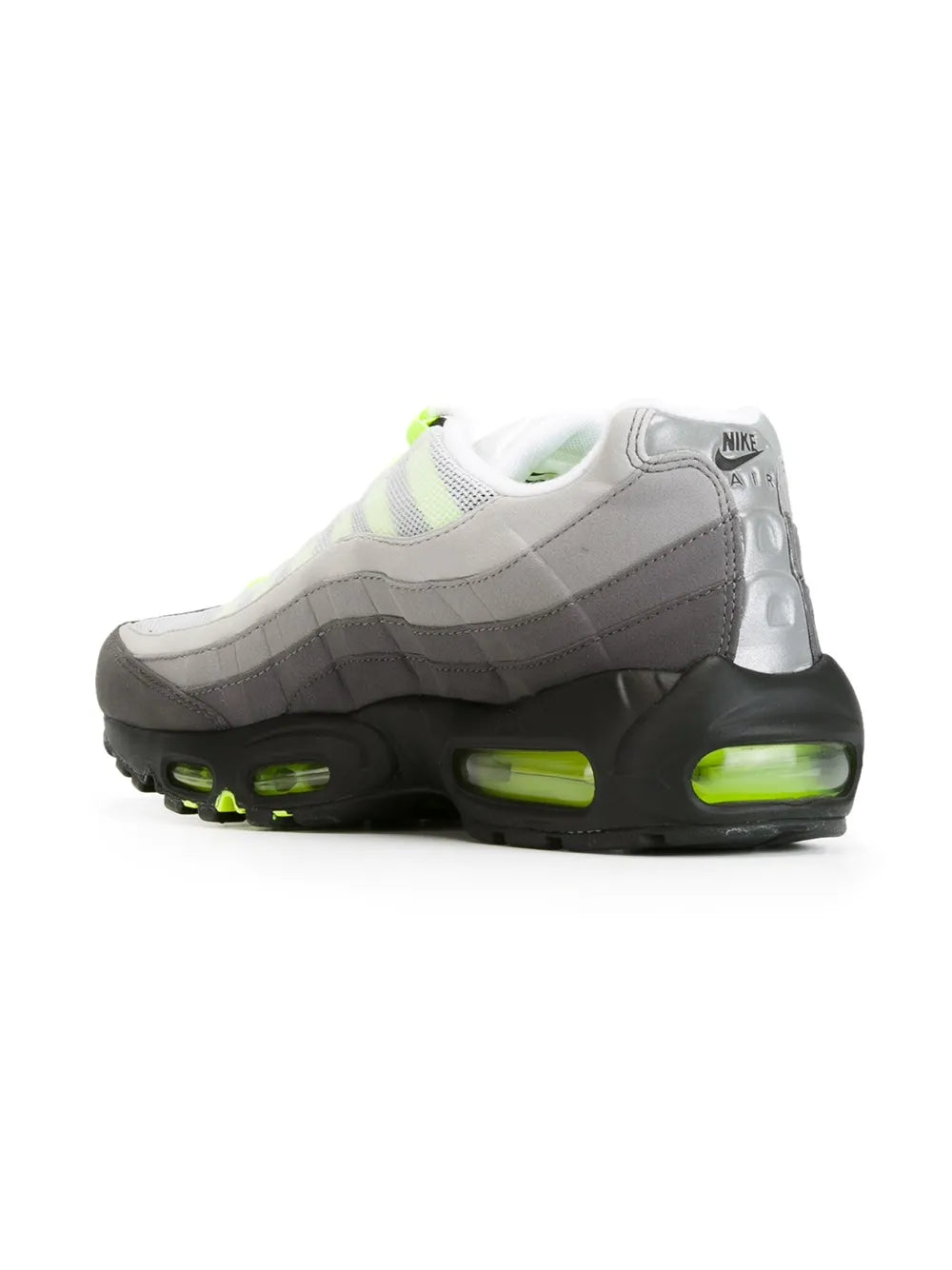 Nike Air Max 95 OG sneaker, rear view with Nike heel logo and green air pods