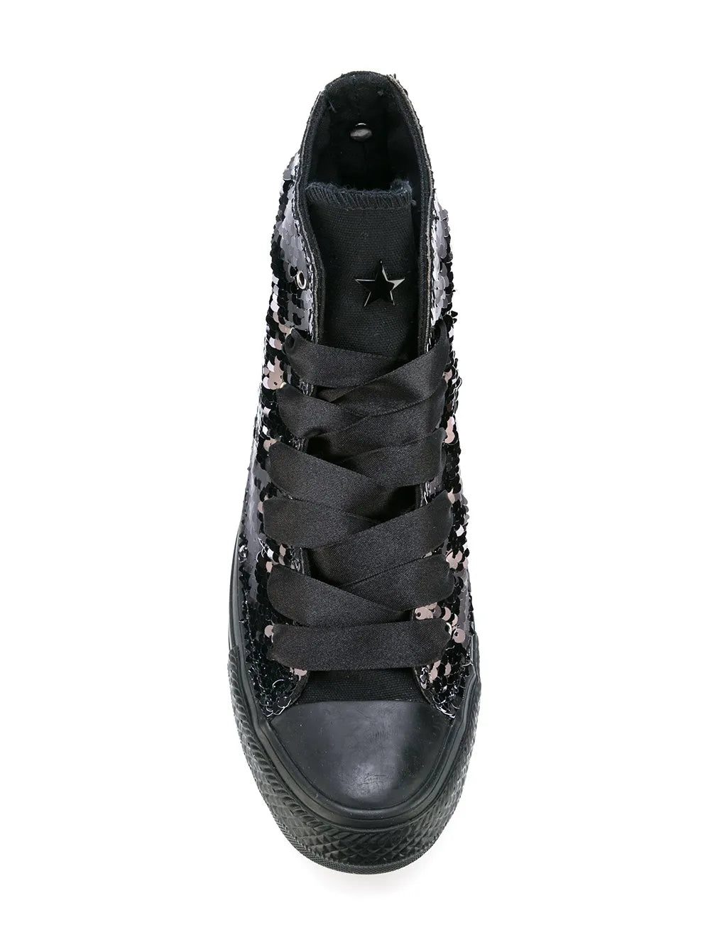 Converse black sequin hi-top sneaker with star on tongue, lace-up upper