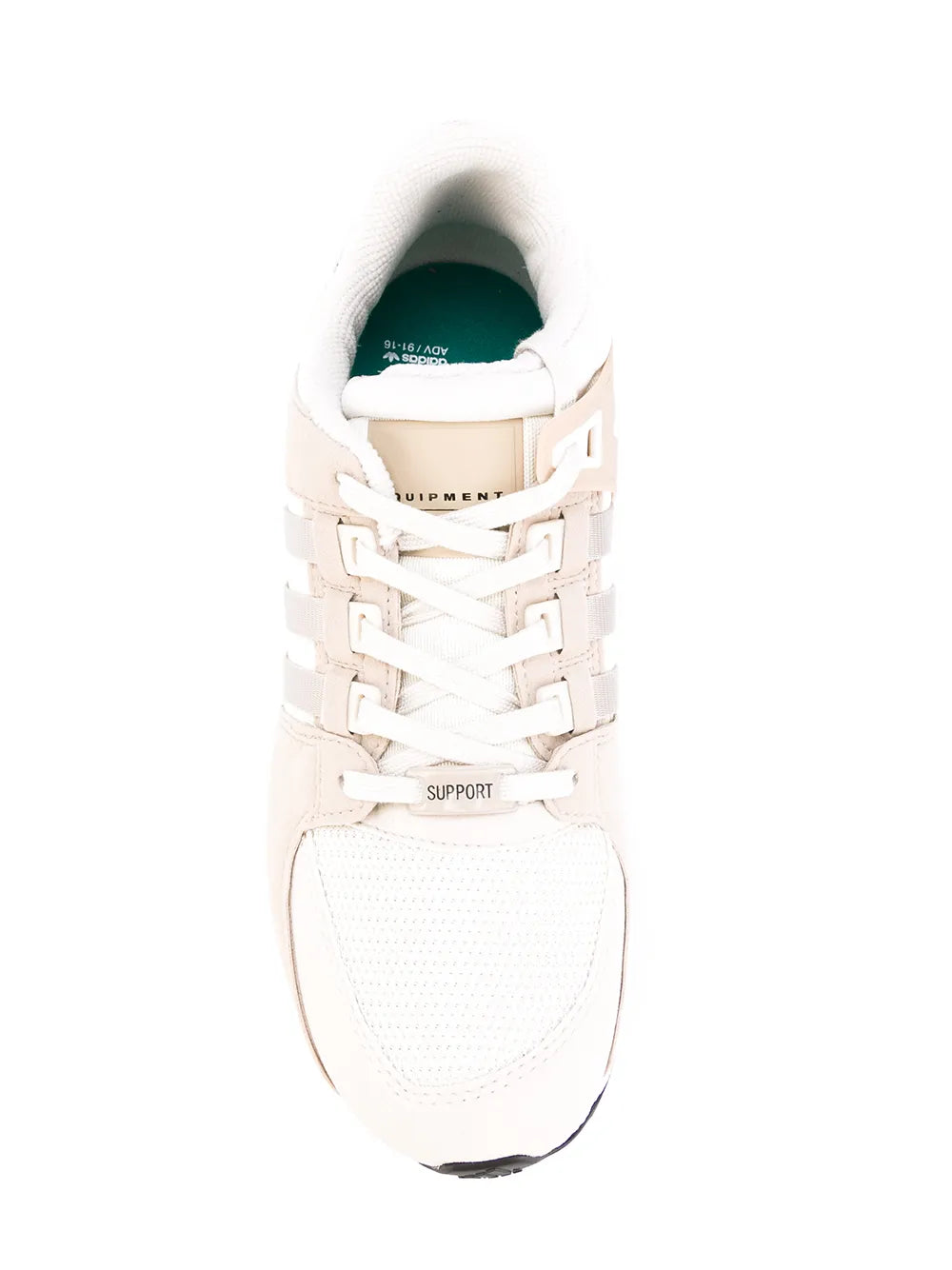 Tan adidas sneakers, heel view with white laces and green-lined collar
