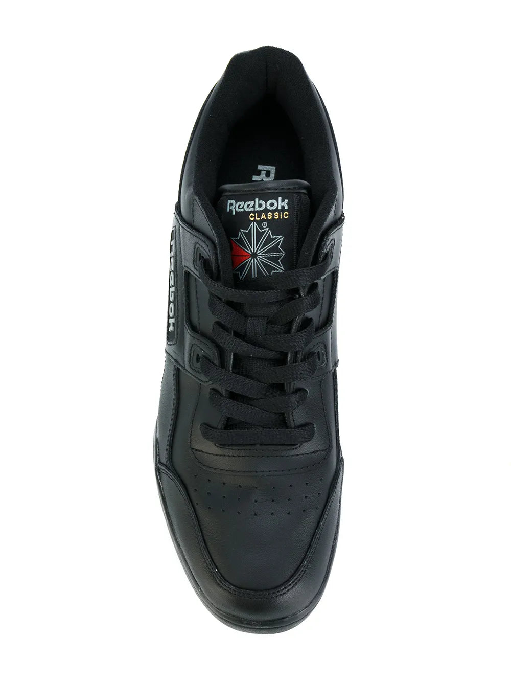 Reebok Workout Plus black lace-up sneakers, front view with tongue logo