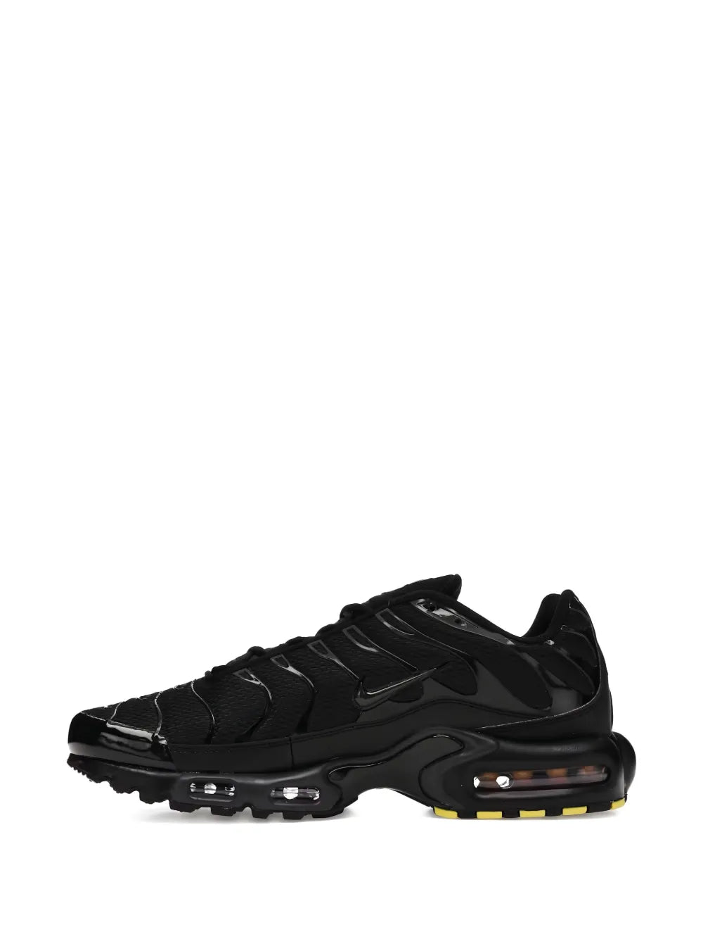Black Nike Air Max Plus sneaker with swoosh overlays and treaded sole