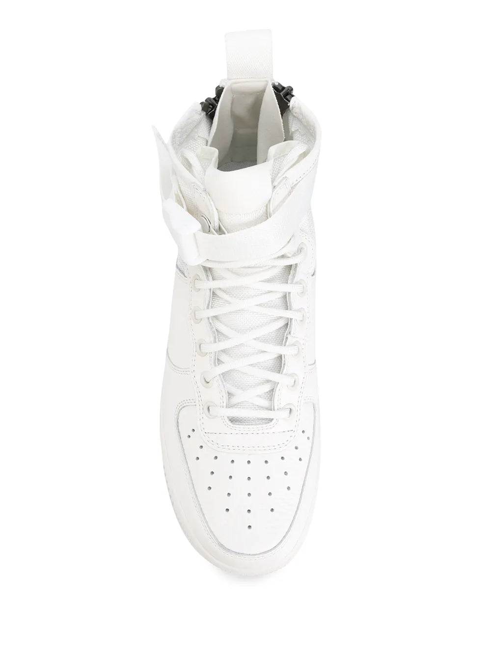 Nike white mid-top sneakers, open collar view with lace-up front and sole