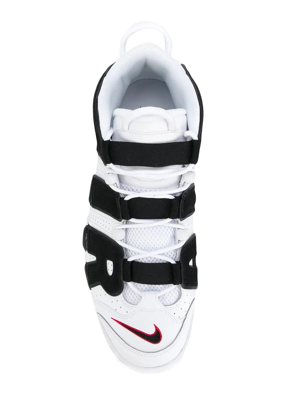High-top sneaker top view, white leather with black straps and red swoosh accents