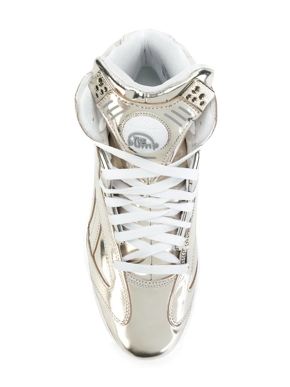 Metallic finish high-top sneakers with white lace-up front and padded collar