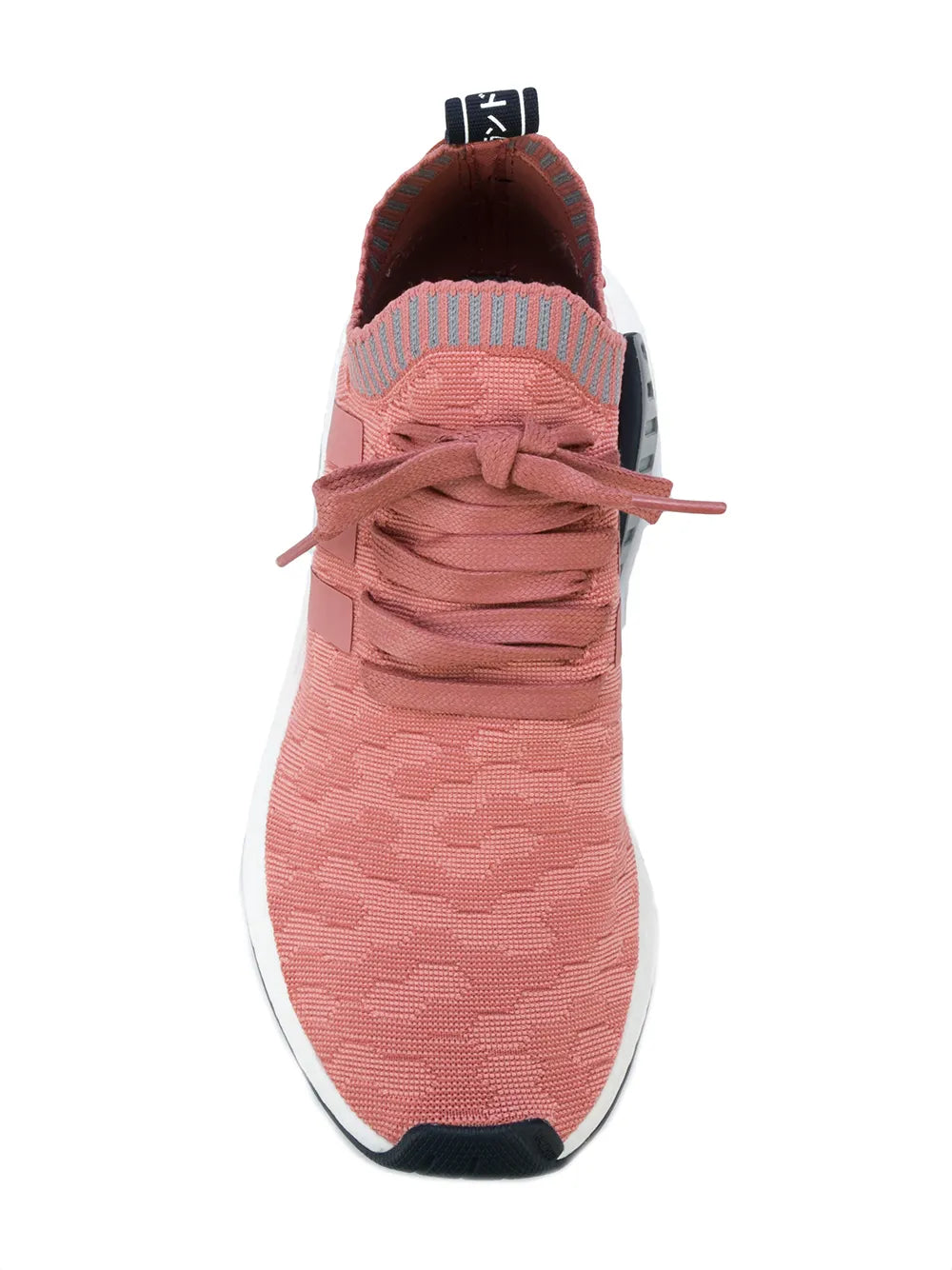 Pink knit lace-up running shoe with black collar tag and white sole