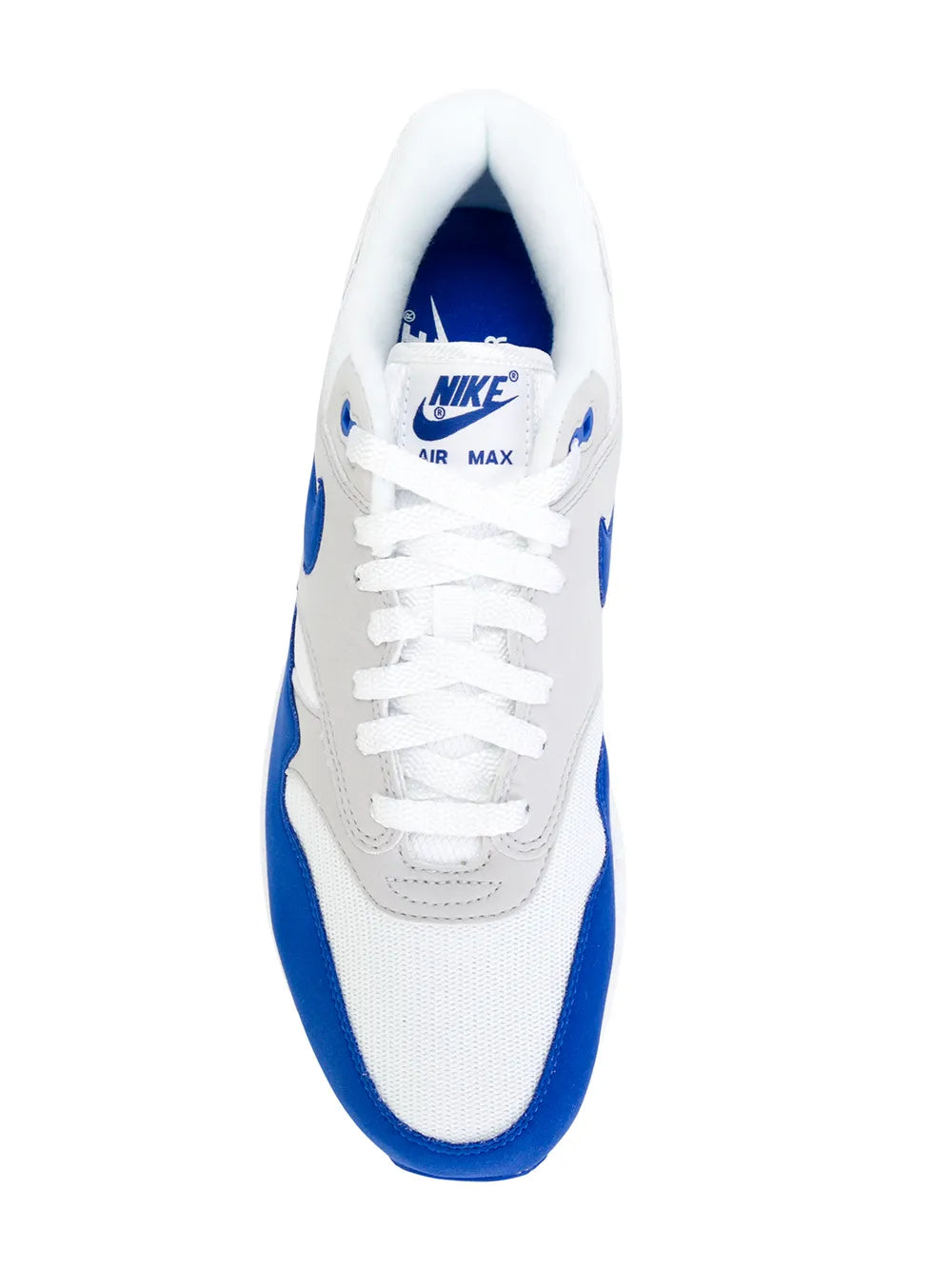Nike Air Max 1 Anniversary sneakers, white mesh with blue trim, lace-up front view