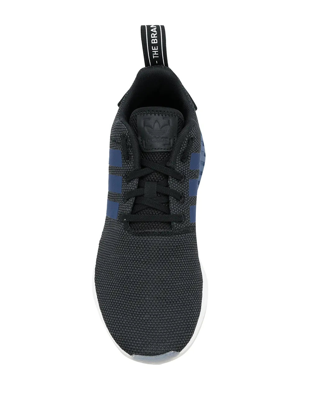 adidas NMD R2 black sneaker with blue side stripes, lace-up front, padded collar