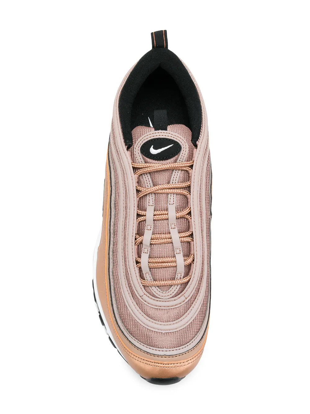 Nike Air Max 97 shoe, lace-up pink/tan upper with black lining and swoosh on tongue
