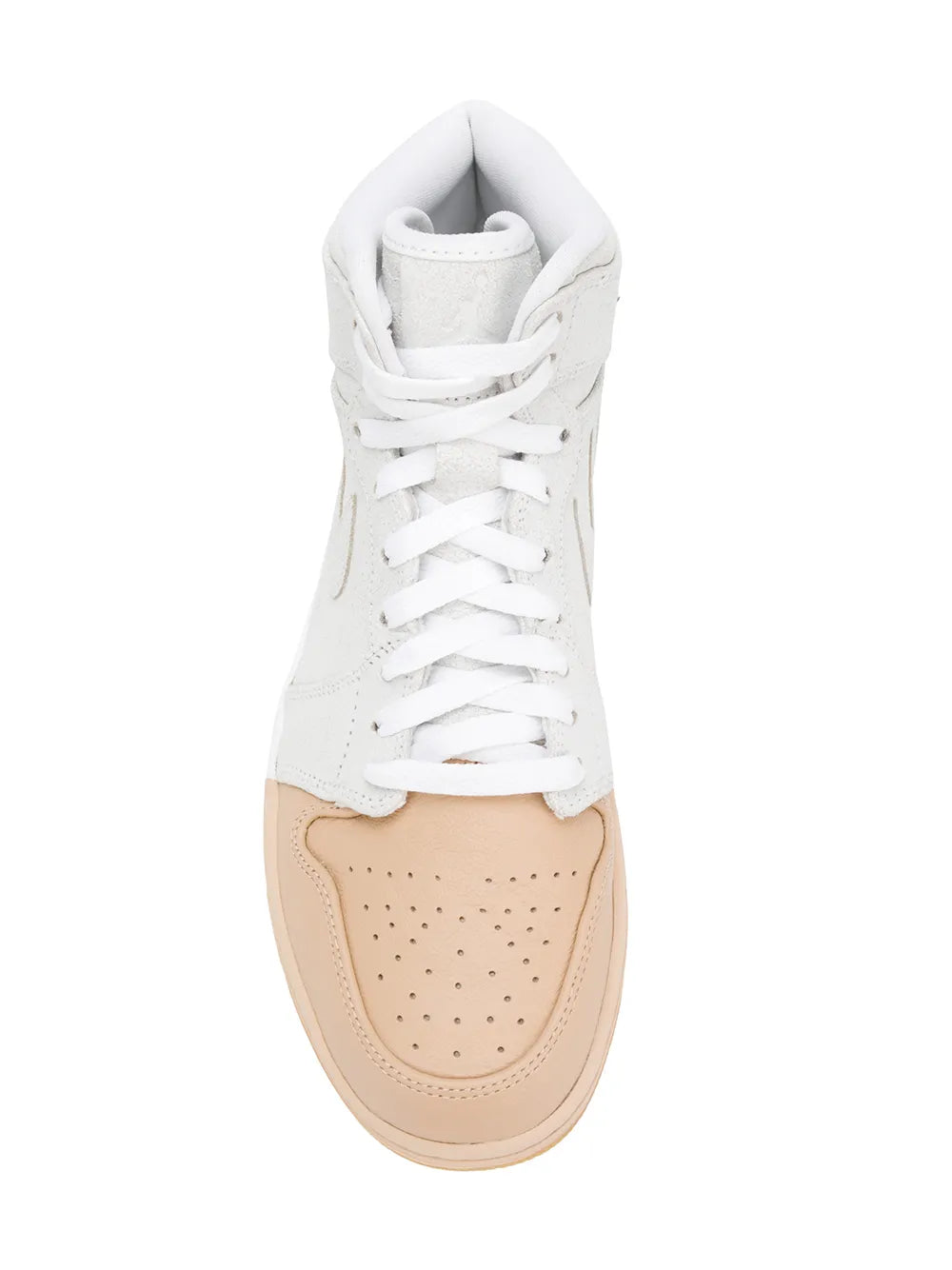 White lace-up sneaker with tan leather toe panel and visible ankle padding