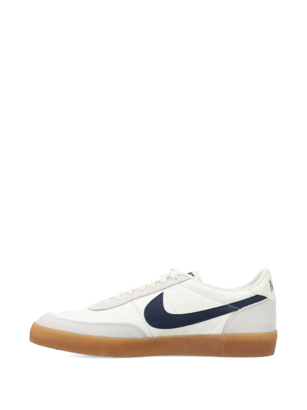 White leather low-top sneaker with navy swoosh and gum sole