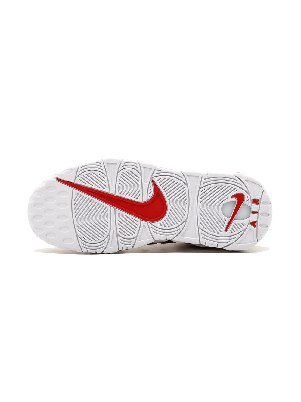 White sneaker outsole with textured tread and red swoosh logo