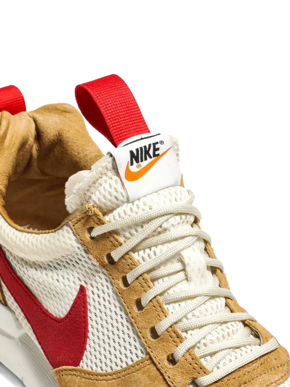 Close-up of Mars Yard 2.0 sneaker heel with NIKE logo and white mesh over tan collar