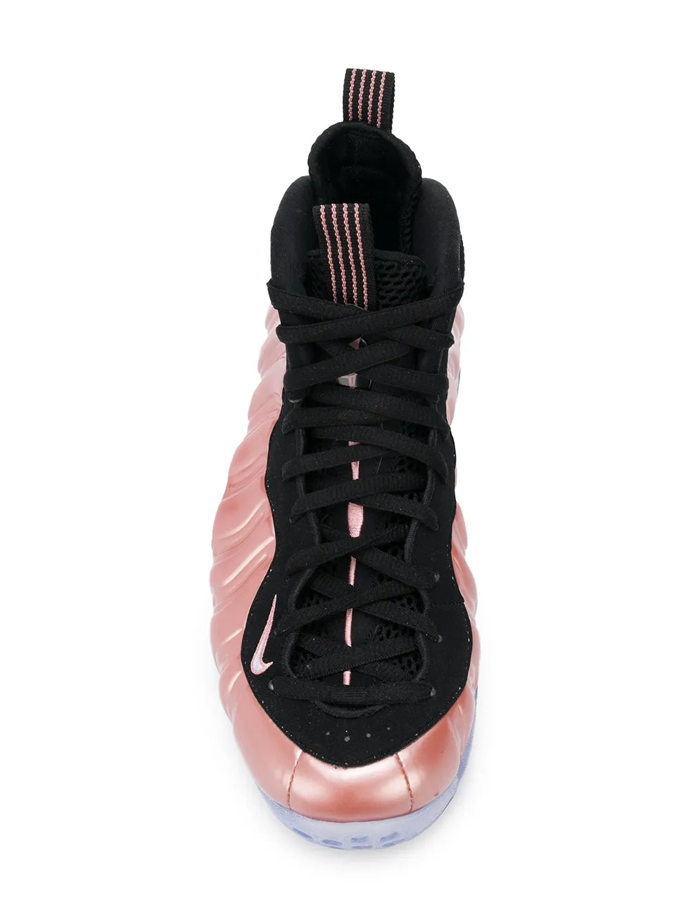 Black lace-up high-top sneaker with pink heel panel and blue outsole