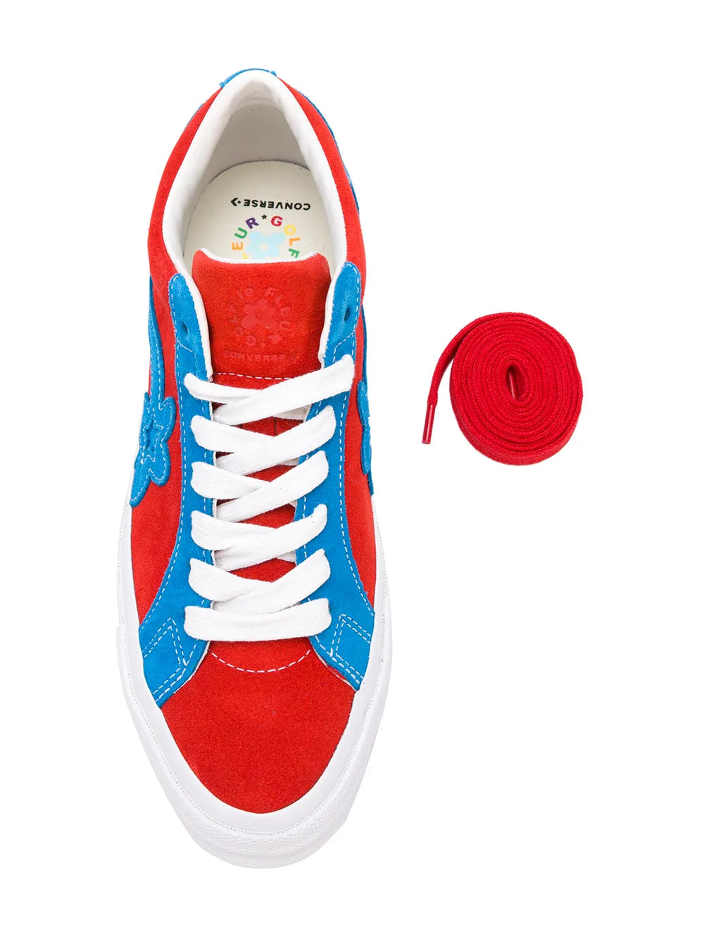 Floral embellished sneaker with white laces, red interior, blue/red upper, extra laces