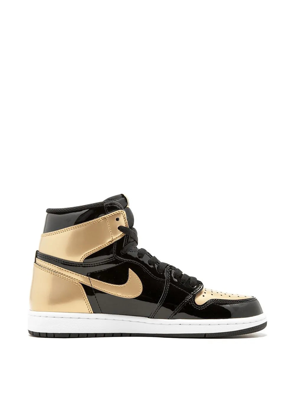 Side view high-top sneakers with black, white, and gold panels and lace-up design