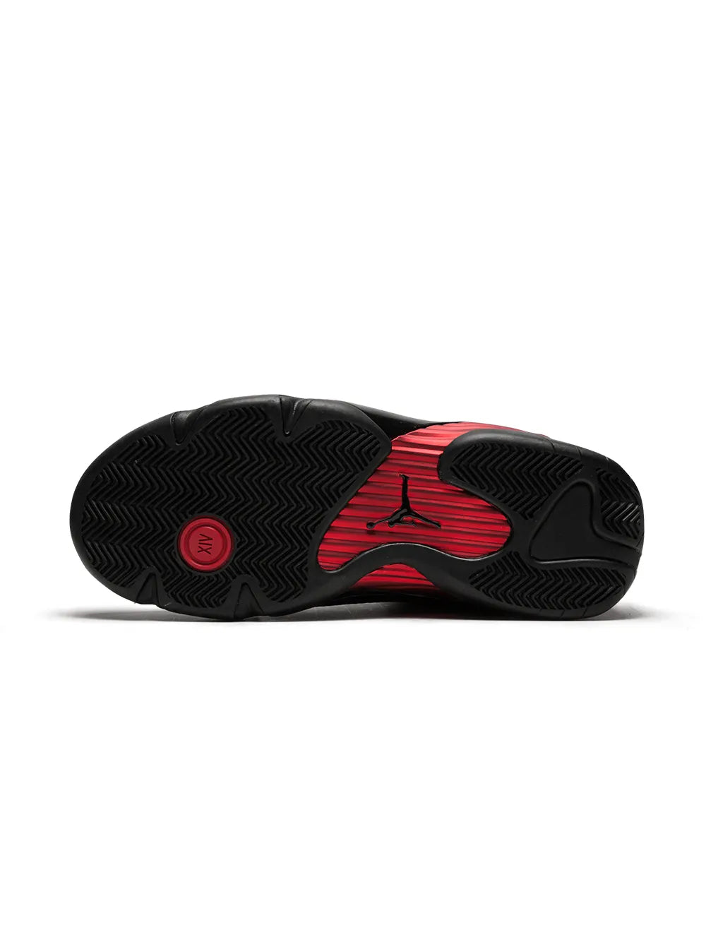 Black rubber outsole with red traction pattern and herringbone grip for high-top sneaker