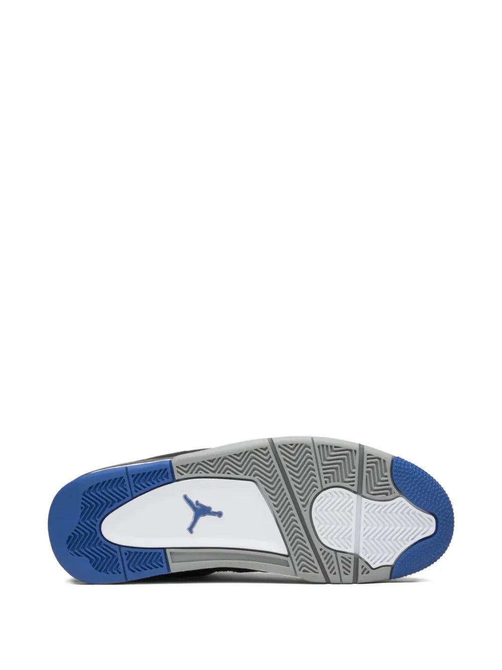 Bottom view of black high-top sneakers with blue-and-gray traction outsole