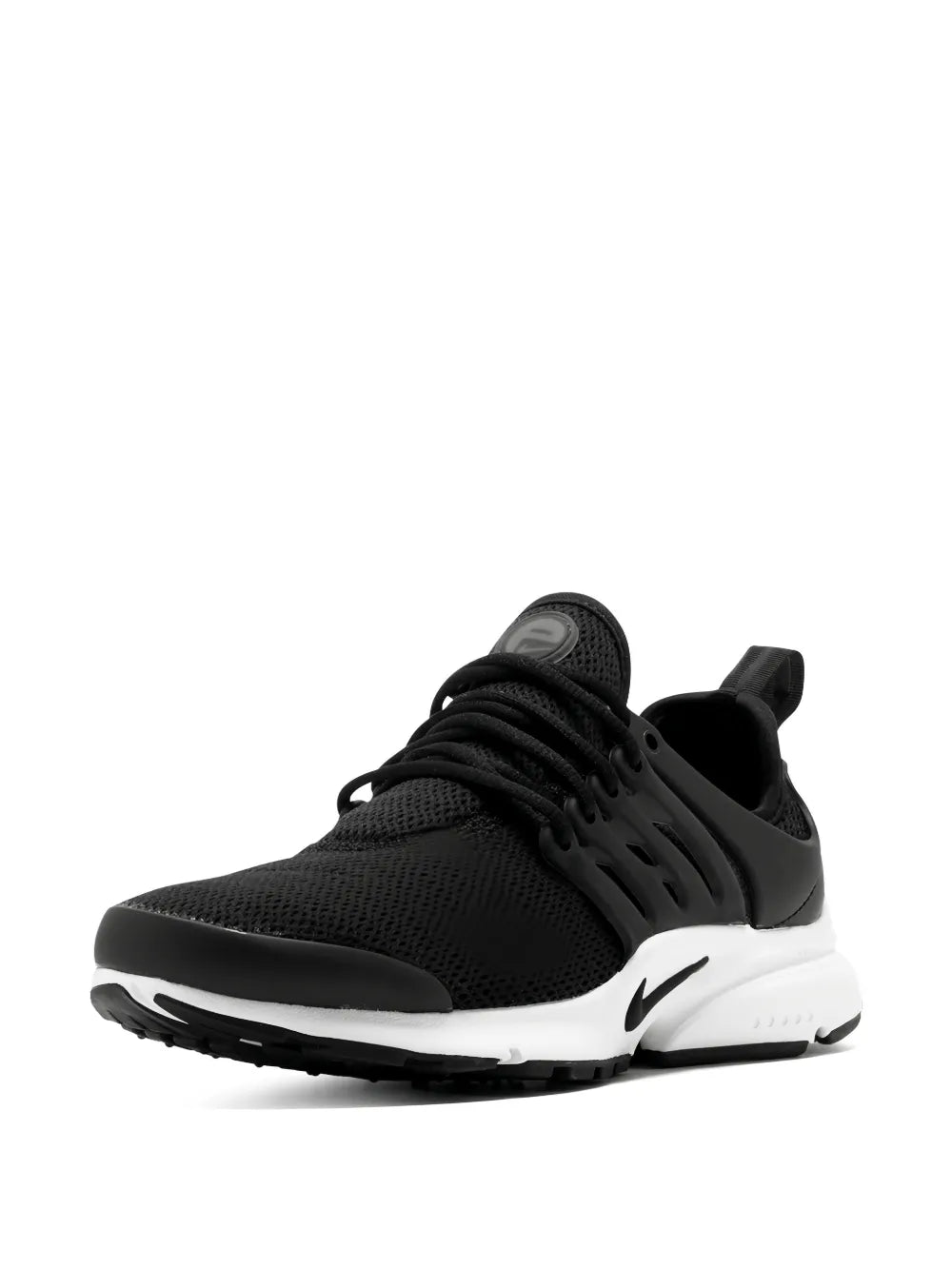 Black Nike running sneakers with mesh-knit texture, black laces, white midsole, Swoosh.