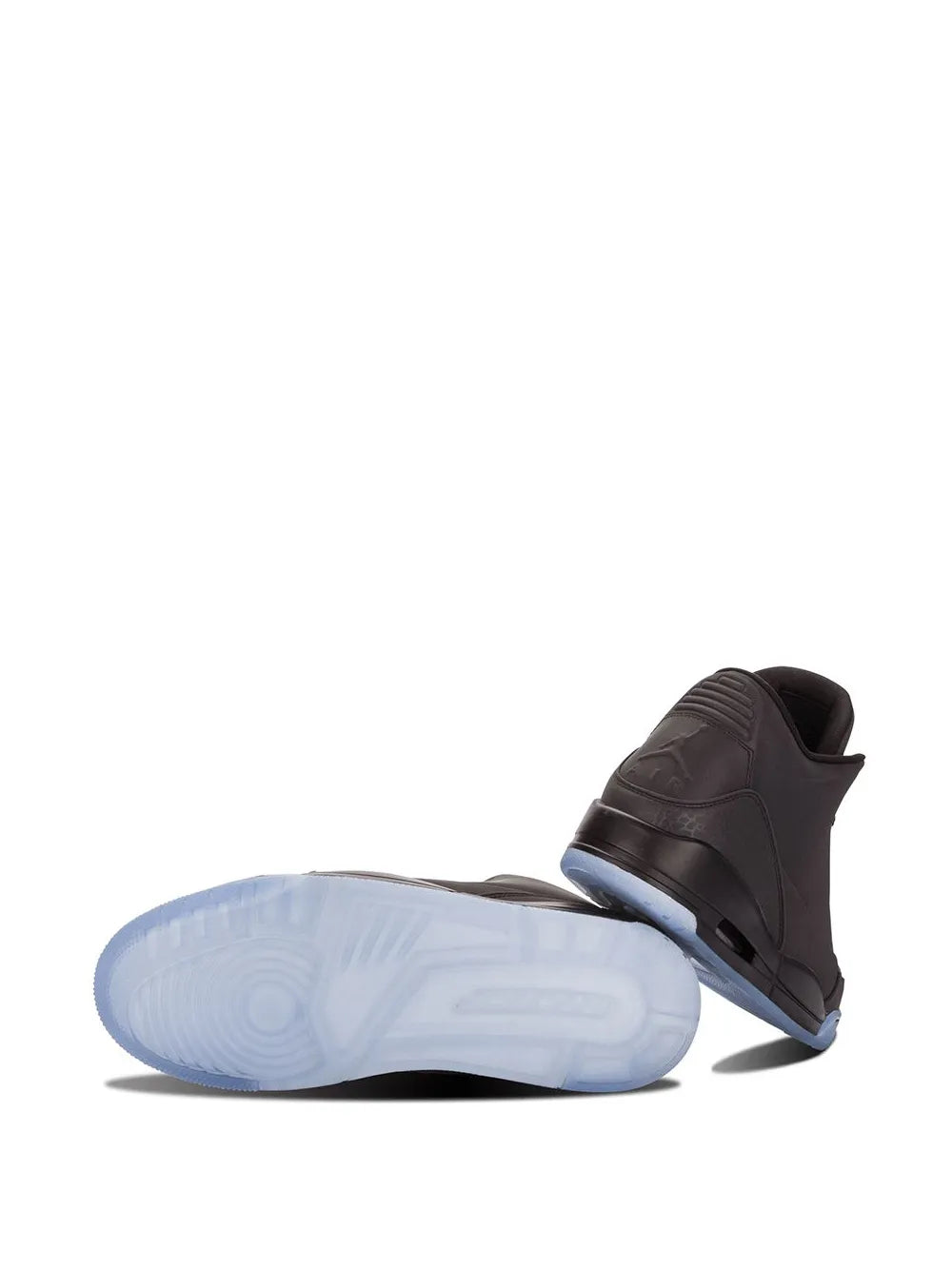 Black sneaker with blue outsole tread, heel and bottom view