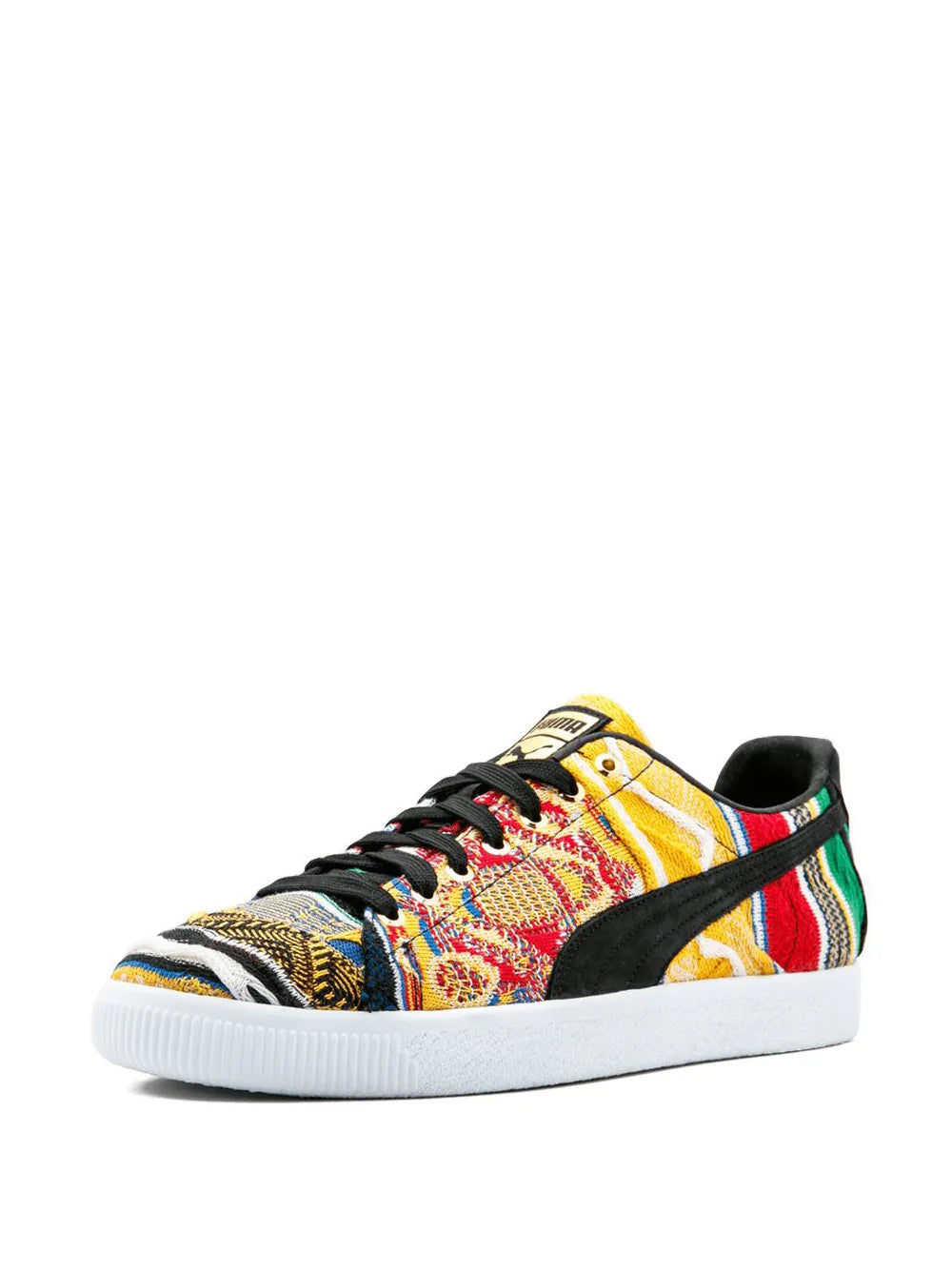 Low-top sneakers with multicolor knit toe and black side stripe, white rubber sole