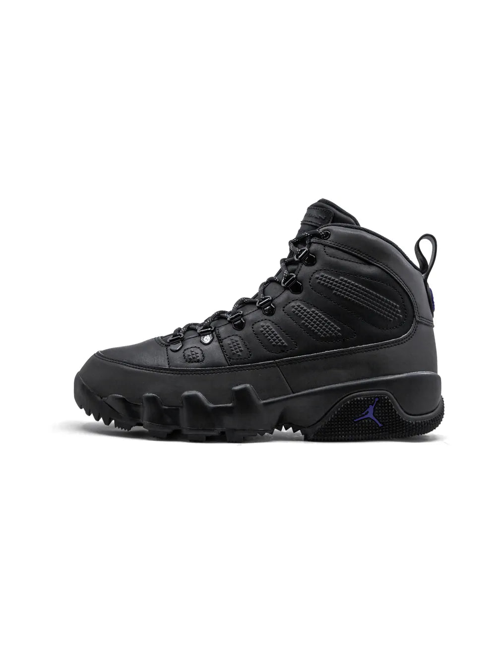 Black high-top lace-up boots, profile view, textured upper and blue logo on side