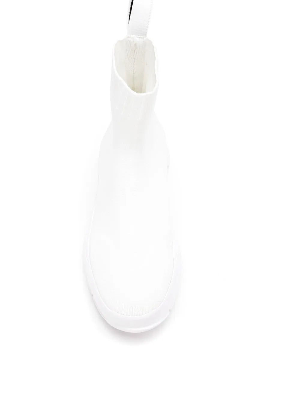 White knit ankle boot with sock-like shaft and cushioned molded sole