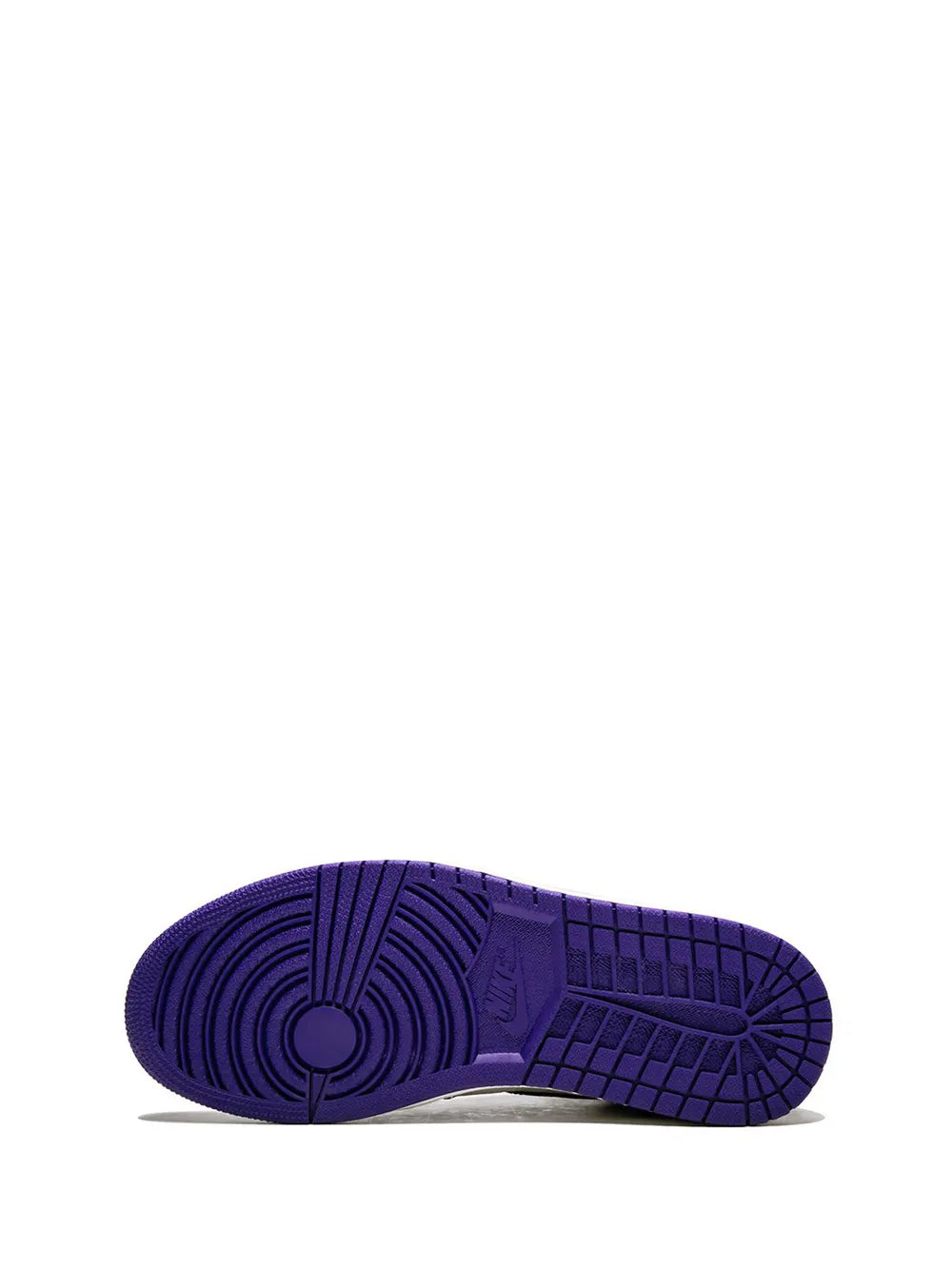 Purple rubber outsole of black and white high-top sneakers with tread pattern