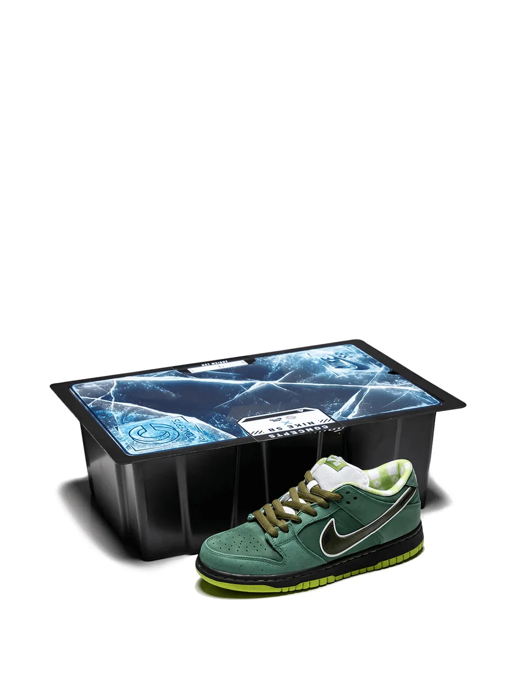 Green Nike SB Dunk Low Pro sneaker with white swoosh and olive laces