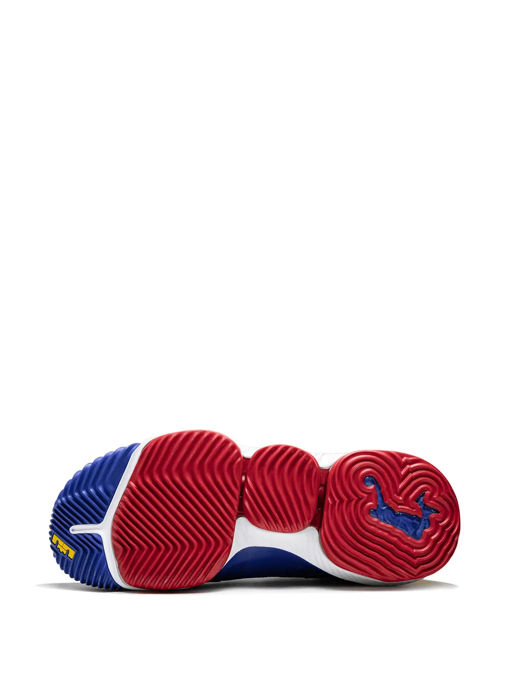 Shoe outsole view with red traction pods and blue heel edge
