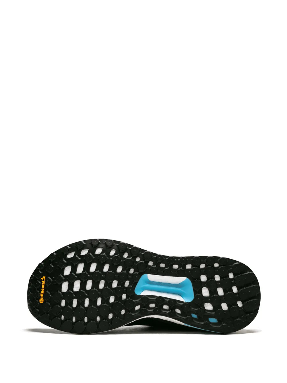 Black sneaker outsole with blue detail and molded tread pattern.