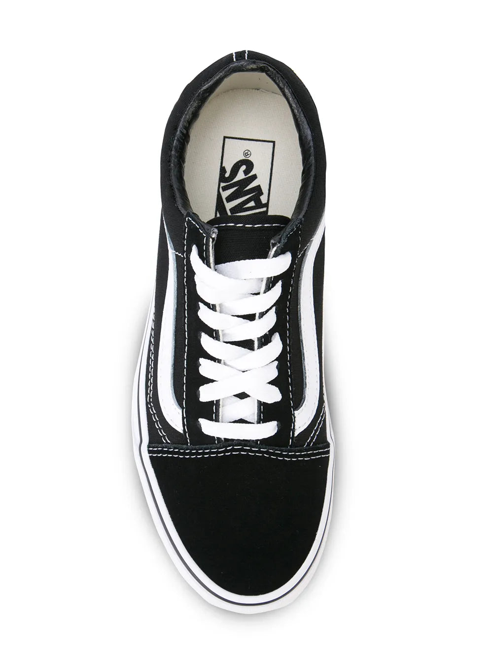 Vans Old Skool black sneaker top view, white laces and tongue label