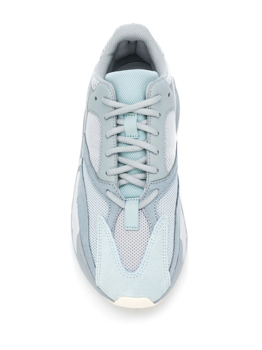 Light blue adidas Yeezy Boost sneaker with lace-up front and padded collar