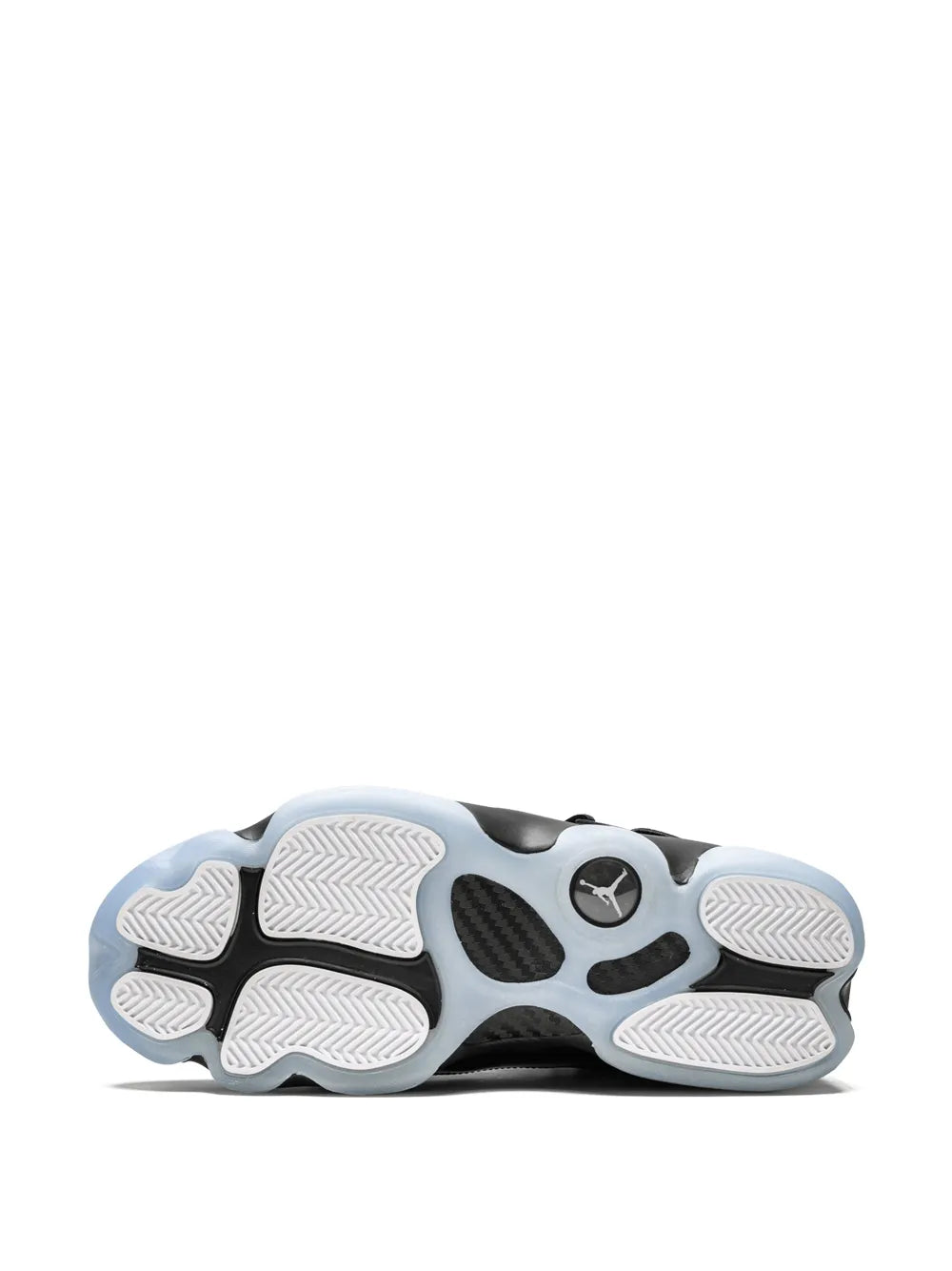 Black sneaker outsole with light blue traction pods and Jordan logo