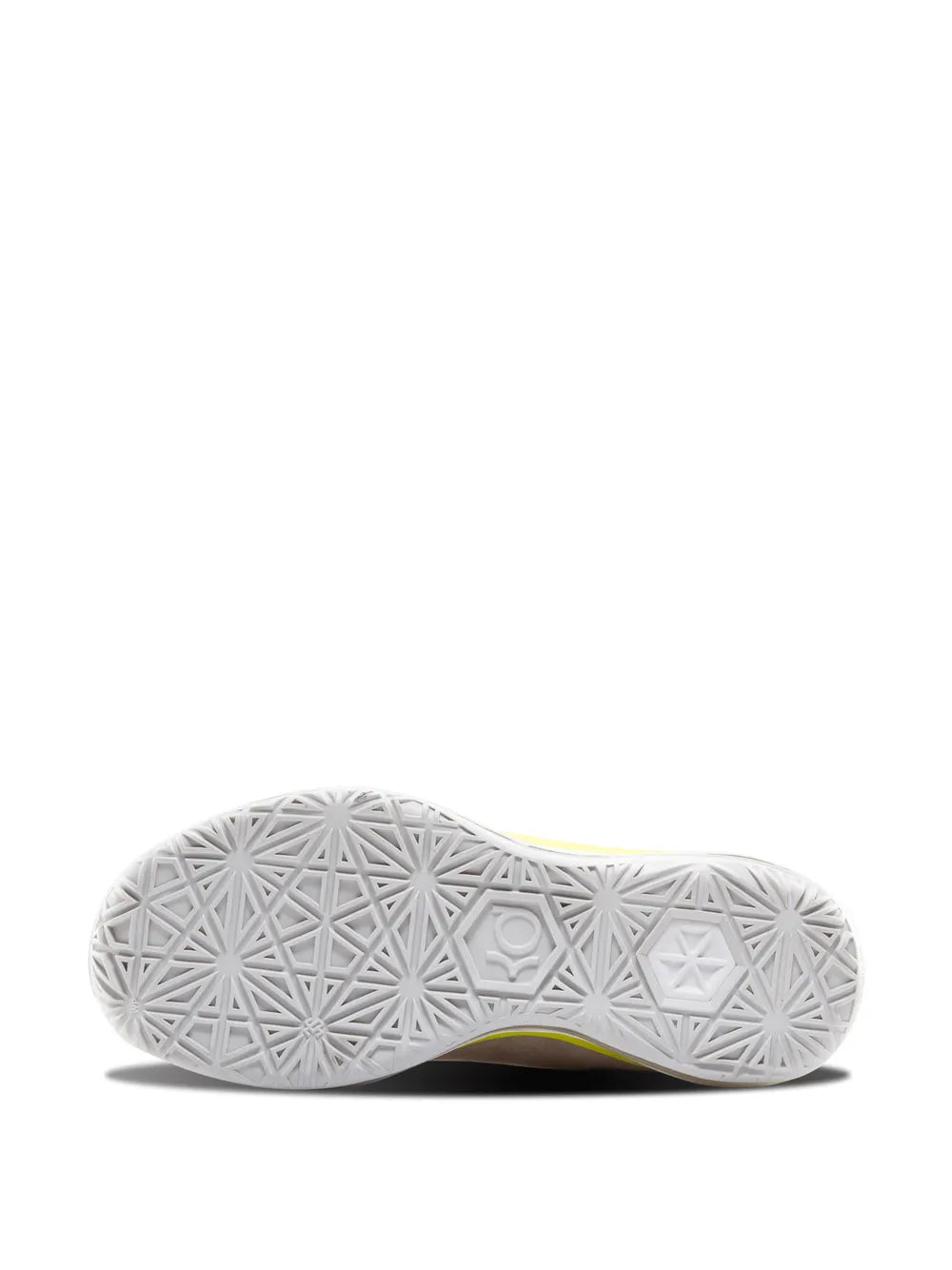 White rubber outsole with traction pattern and neon yellow midfoot edge