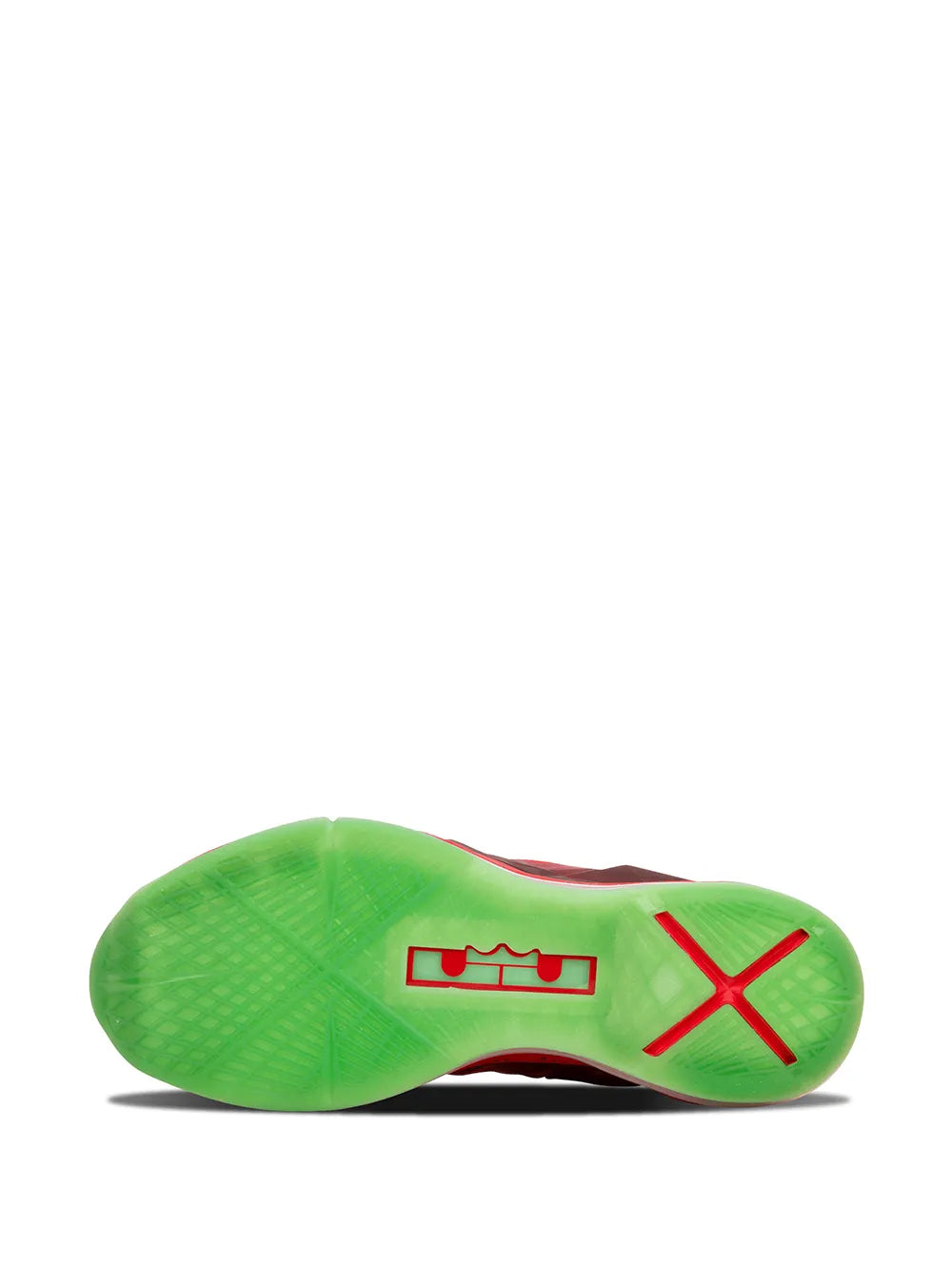 Nike LeBron 10 basketball shoe outsole with green traction and red X