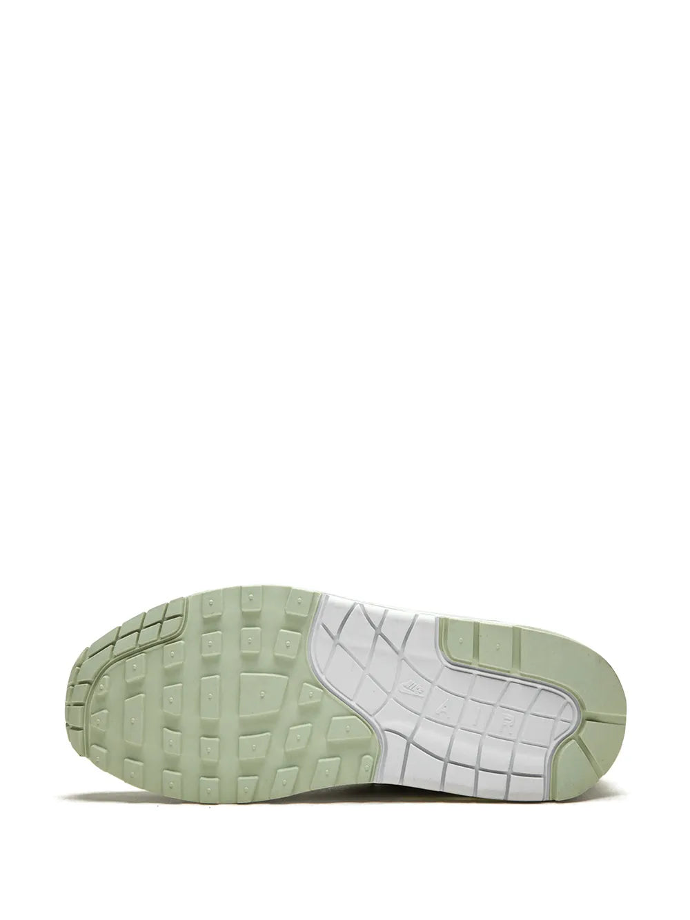 Nike Air Max 1 women's sneaker outsole, gray and white tread with green heel
