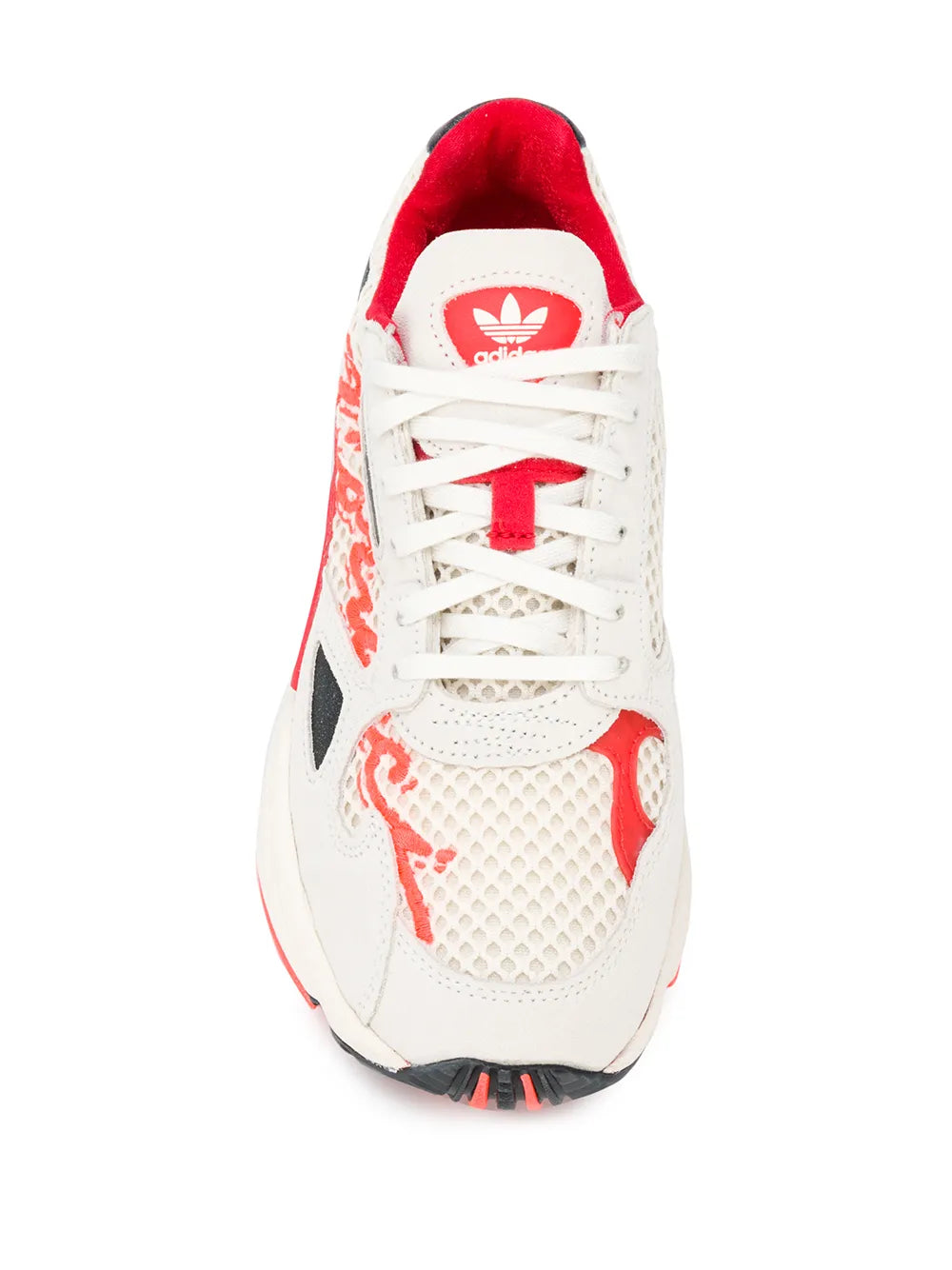 Adidas Falcon front lace-up sneaker with white mesh upper and red graphic