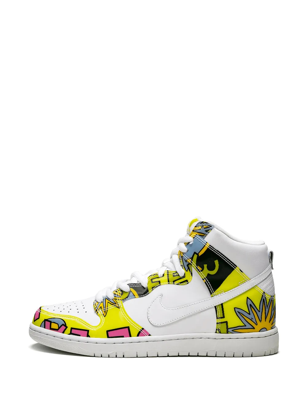 High-top sneakers front view, white leather with neon yellow, black and pink graphic