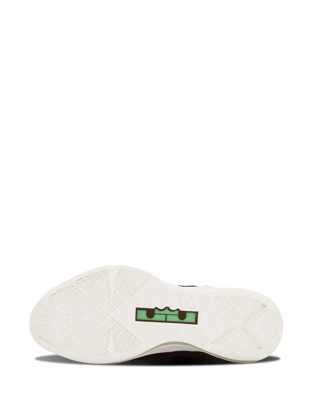 Nike LeBron 10 EXT Qs outsole view on white rubber with green stripe detail