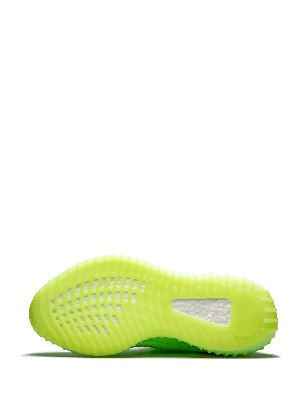 Green Yeezy Boost 350 V2 sneaker outsole view with tread pattern.
