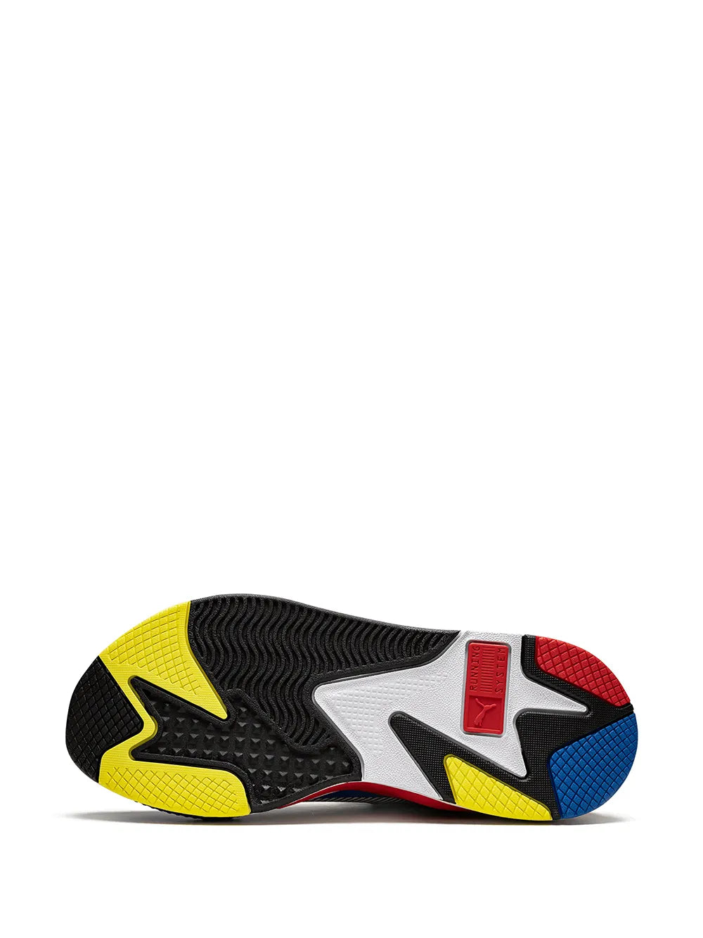 Rubber outsole with tread pattern, yellow edge and blue-red color accents.