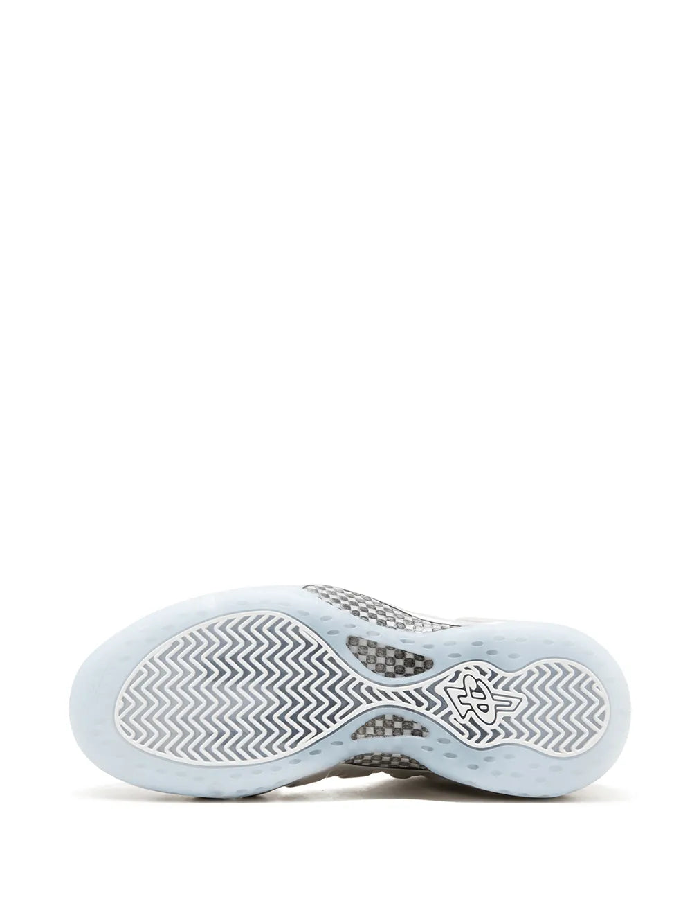Outsole view of white metallic silver sneakers with traction tread pattern