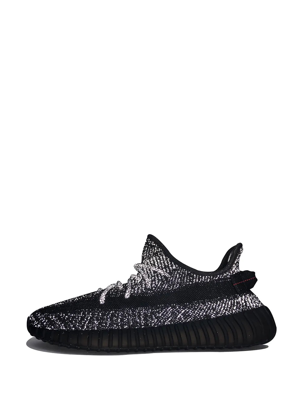 Black reflective knit low-top sneakers with textured pattern and ribbed sole