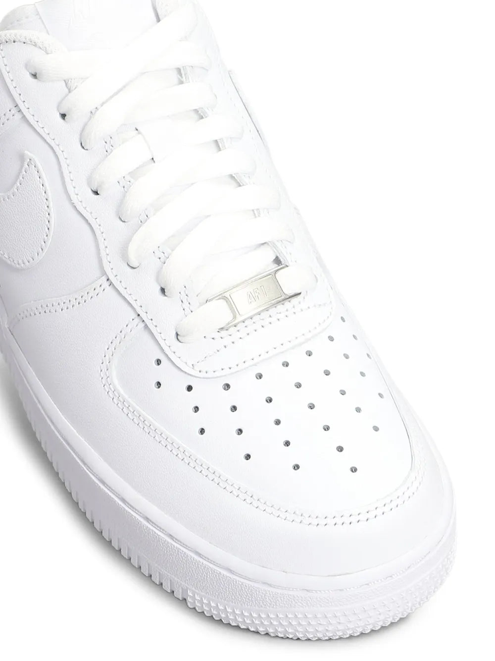White leather sneaker with lace-up, perforated toe, and Swoosh detail