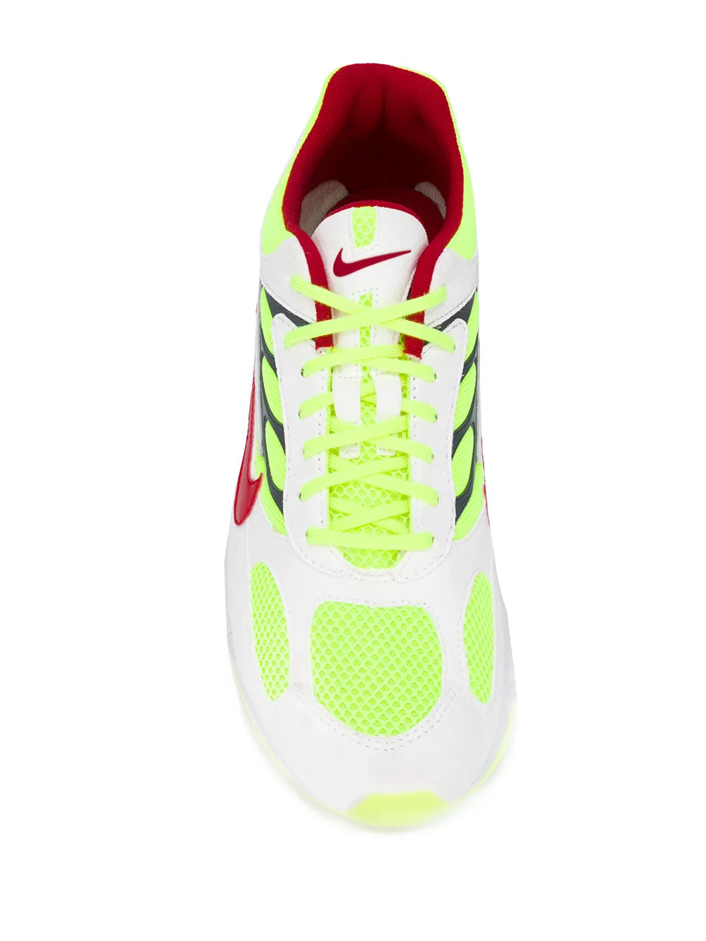 Nike retro running sneakers, front view with neon green laces and red swoosh on white