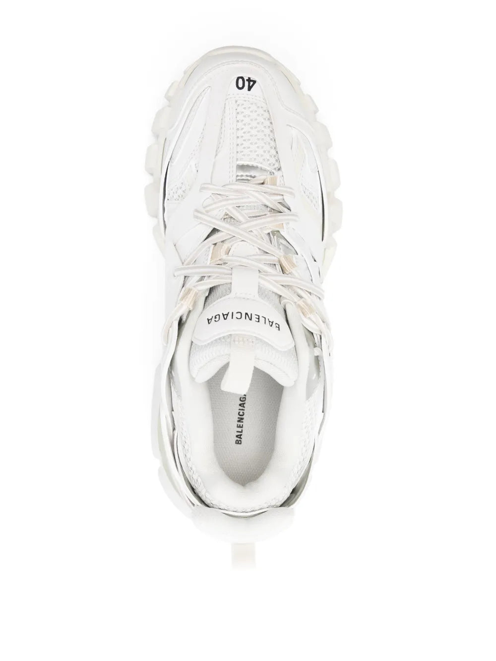 Balenciaga white track sneaker, top view with lace-up and Balenciaga tongue logo