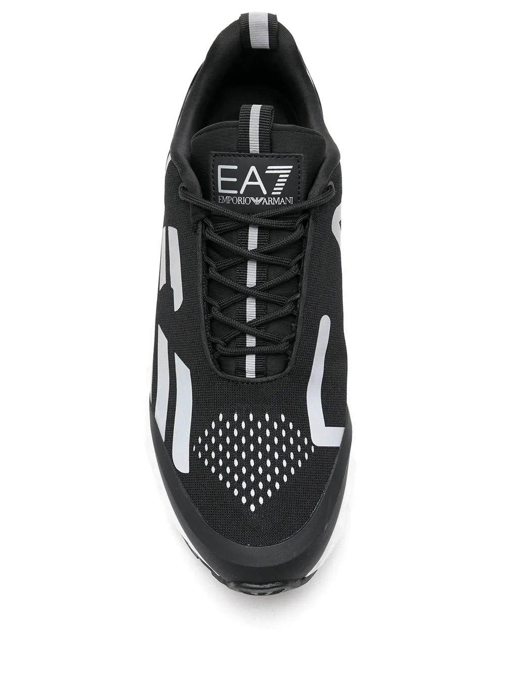 Black low-top sneaker front with EA7 tag, perforated upper panel, black laces