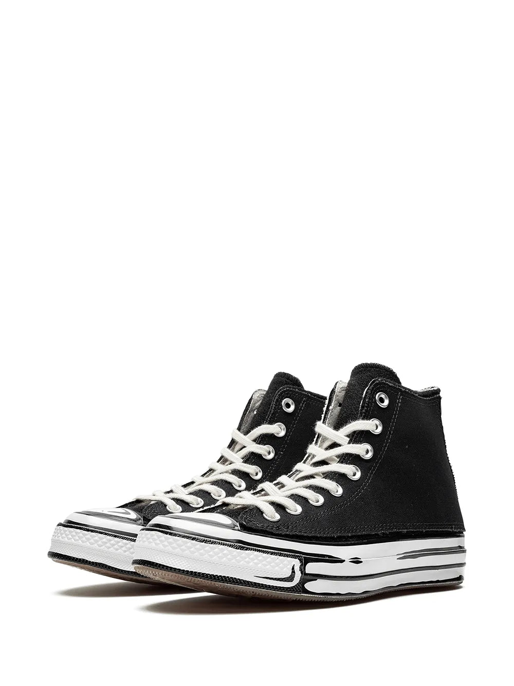 Converse Chuck 70 high-top sneaker in black canvas with white laces and striped sole
