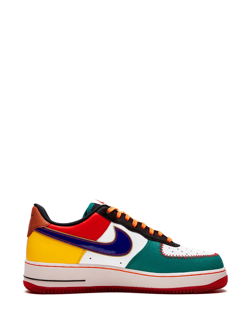 Nike Air Force 1 Low 07 sneaker side view, white midsole with blue and orange panels